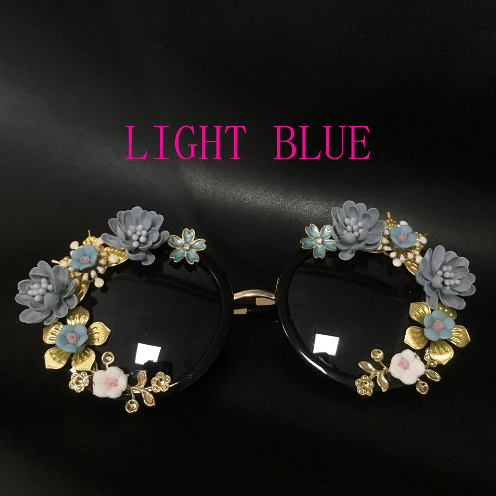 New Fashion Baroque Women Girls Metal Flower Sunglasses Retro Luxury Gems Sunglasses Summer Beach Glasses