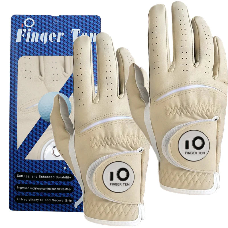 2 Pcs Soft Pu Leather Mens Golf Gloves With Ball Marker Cabretta All Weather Grip Navy Khaki Red Small Medium Large XL
