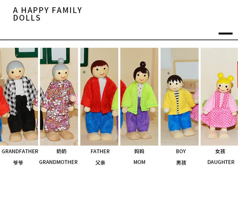 New Wooden Furniture Miniature Toy Mini Wood Dolls Family Doll Kids Children House Play Toy Boys Girls Gifts