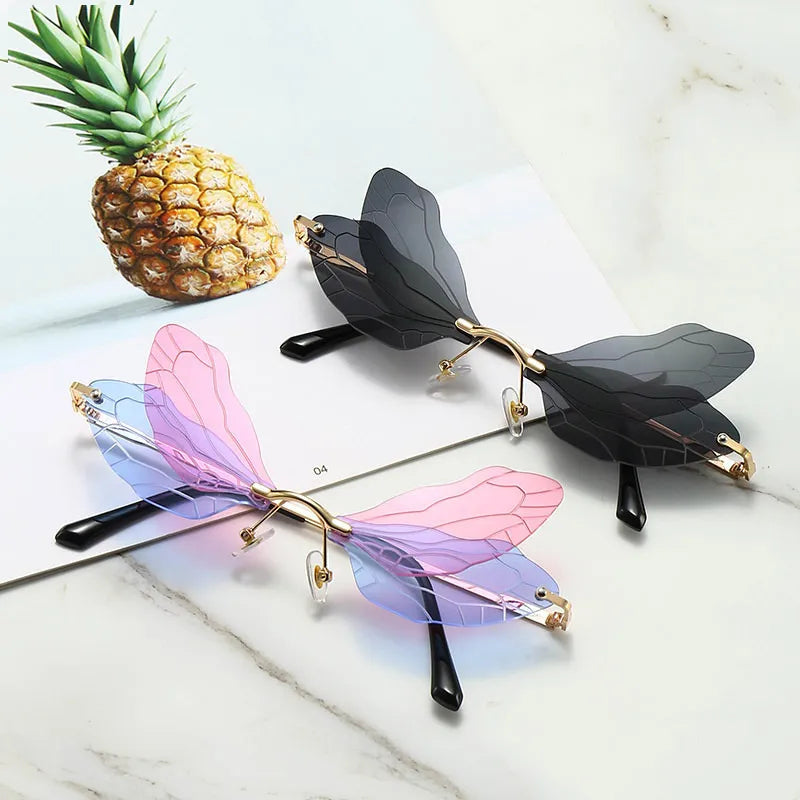 Colorful Dragonfly Rimless Sunglasses Woman Brand Designer Luxury Sun Glasses Female Party Personality Fashion Oculos De Sol