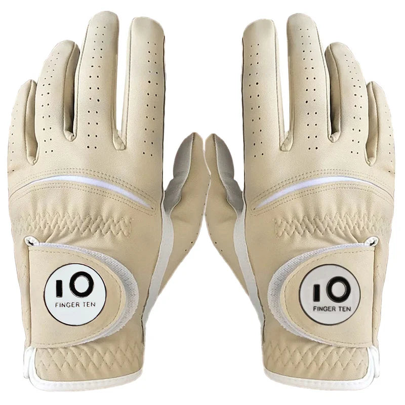 2 Pcs Soft Pu Leather Mens Golf Gloves With Ball Marker Cabretta All Weather Grip Navy Khaki Red Small Medium Large XL
