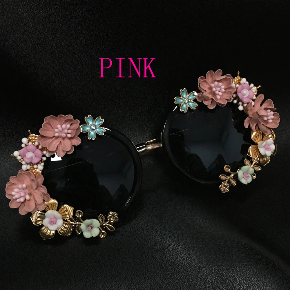 New Fashion Baroque Women Girls Metal Flower Sunglasses Retro Luxury Gems Sunglasses Summer Beach Glasses