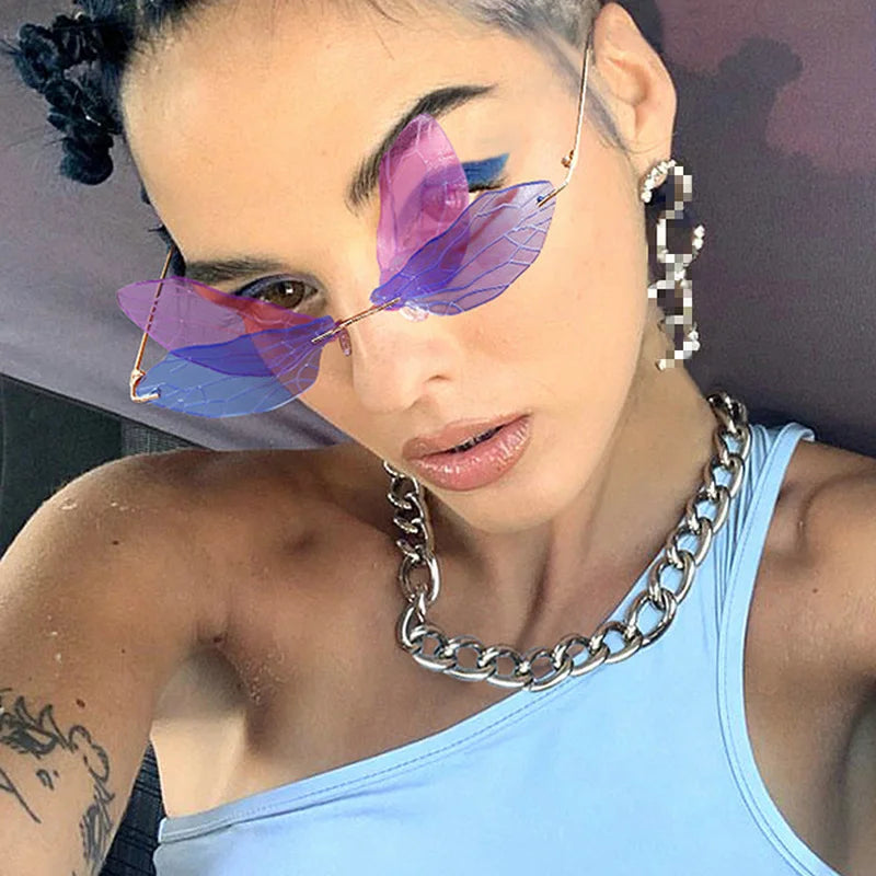 Colorful Dragonfly Rimless Sunglasses Woman Brand Designer Luxury Sun Glasses Female Party Personality Fashion Oculos De Sol