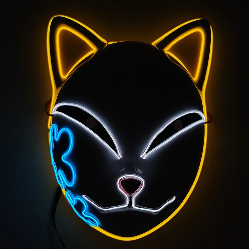 Glowing Demon Slayer Mask Cosplay Japanese Cartoon Neon Light Samurai Mascara Luminous Led Fox Mask for Halloween Christmas