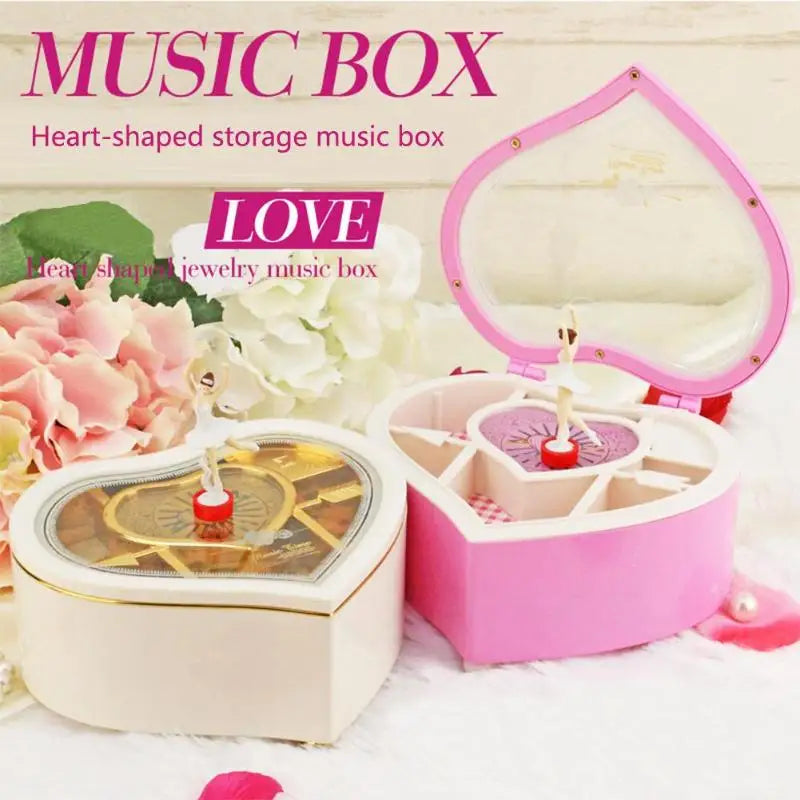 Heart Shape Dancing Ballerina Music Box PLastic Jewellery Box Carousel Hand Crank Music Box Mechanism Gift for Valentine's Day