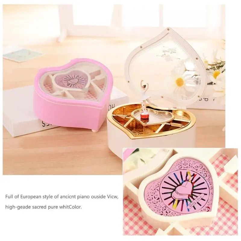 Heart Shape Dancing Ballerina Music Box PLastic Jewellery Box Carousel Hand Crank Music Box Mechanism Gift for Valentine's Day