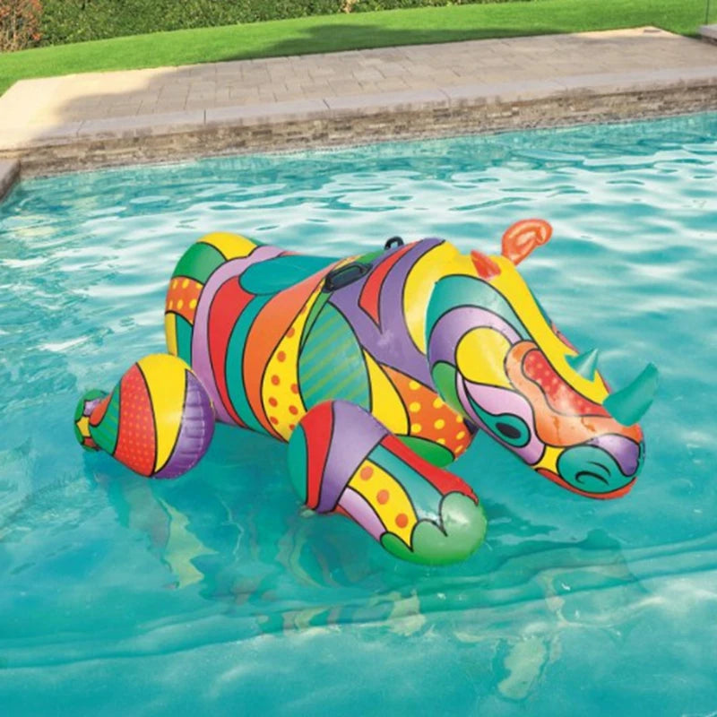 Adult Giant Inflatable Ride on Rhino Pool Floats Full Printing Animal Ridable Pool Floaties Summer Water Toys Air Raft Bed