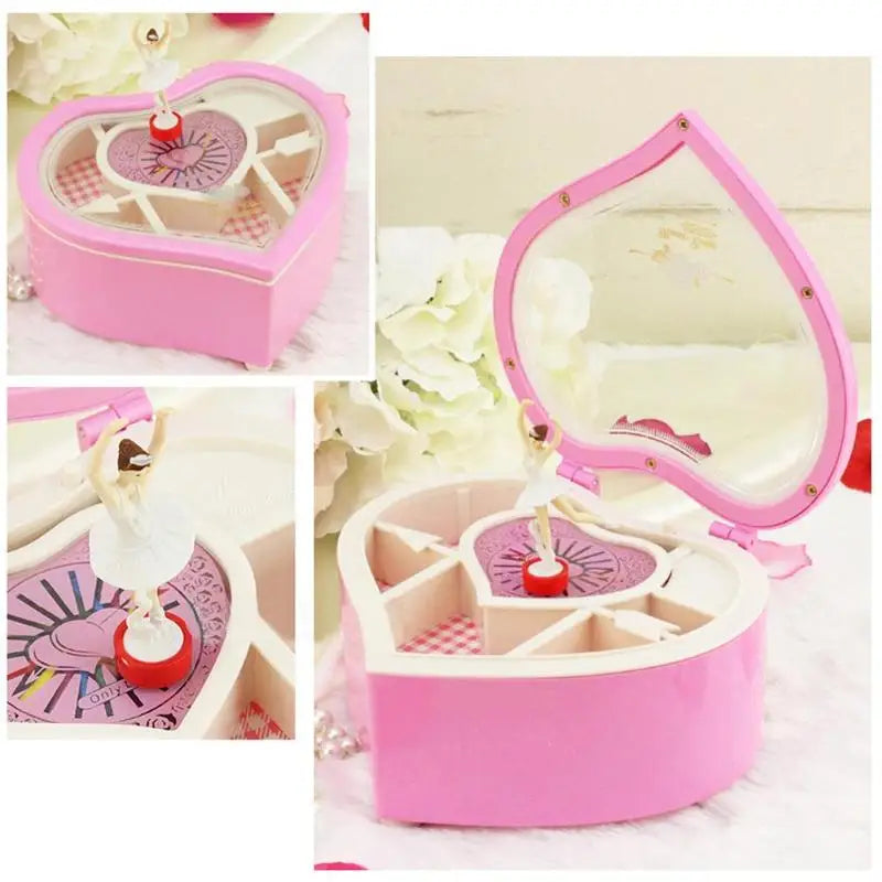 Heart Shape Dancing Ballerina Music Box PLastic Jewellery Box Carousel Hand Crank Music Box Mechanism Gift for Valentine's Day