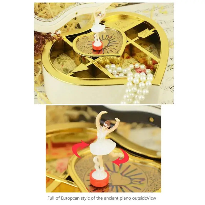 Heart Shape Dancing Ballerina Music Box PLastic Jewellery Box Carousel Hand Crank Music Box Mechanism Gift for Valentine's Day