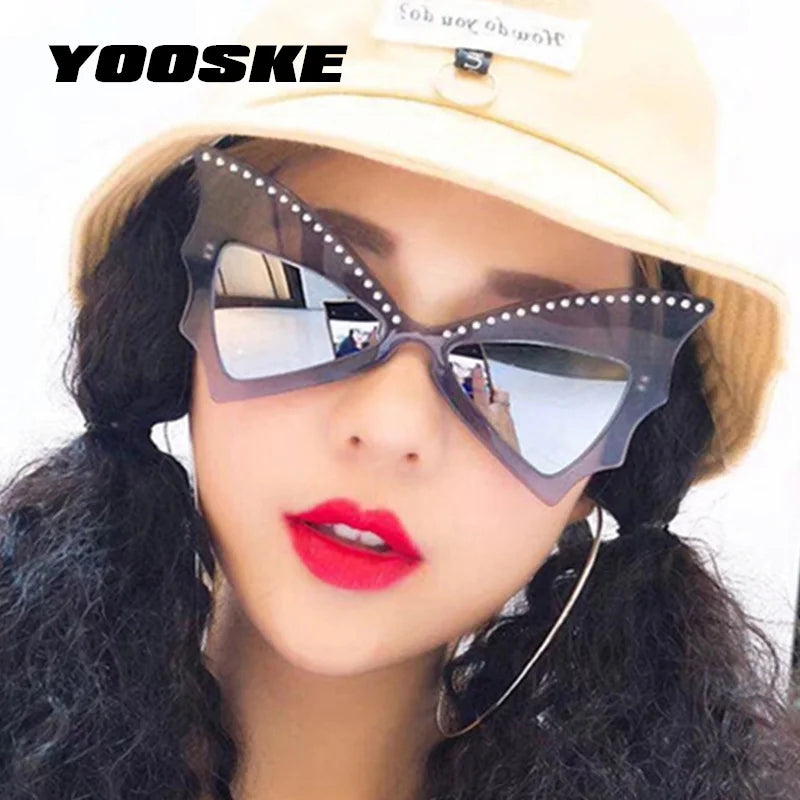 YOOSKE Oversize Sunglasses Women Bat Sharp Shades Sun Glasses Rivet Big Frame Sunglass Personality Dance Party Glasses