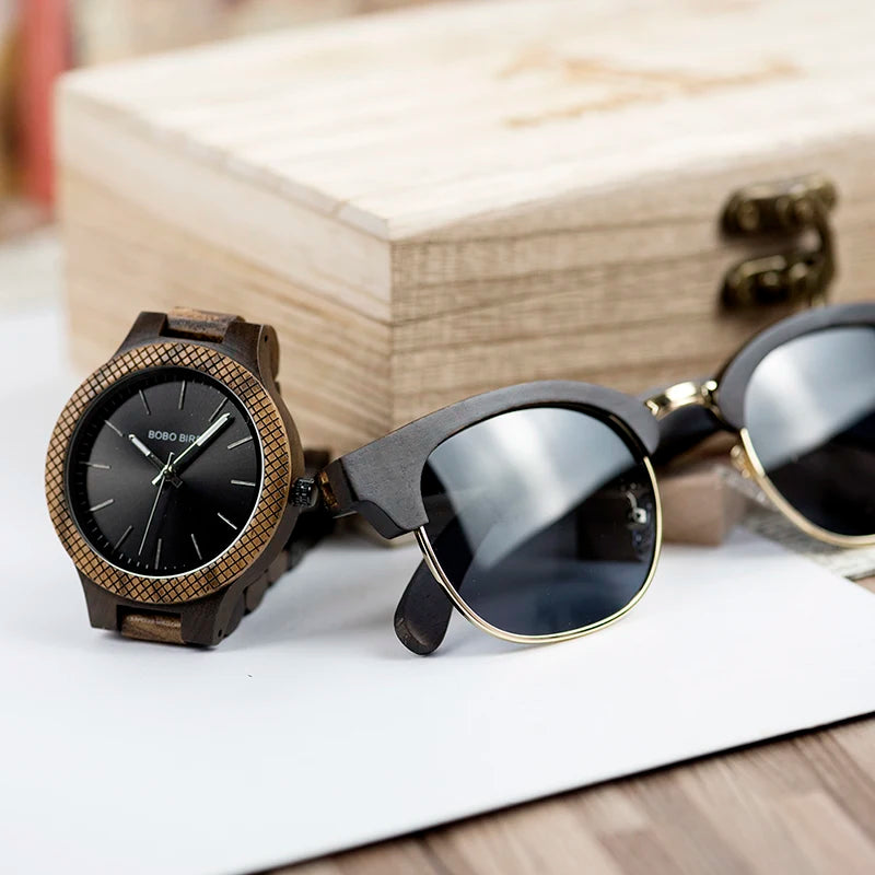 BOBO BIRD Men's Watch Sunglasses Set Wooden Timepieces Japan Movement Quartz Watches Men Great Custom Gift Reloj Hombre