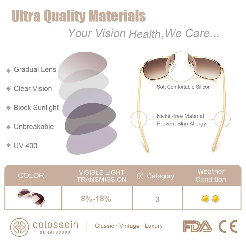 COLOSSEIN Luxury Vintage Sunglasses Women Glasses Ultralight Driving Pilot Sunglasses Men Gold Frame UV400 Eyewear