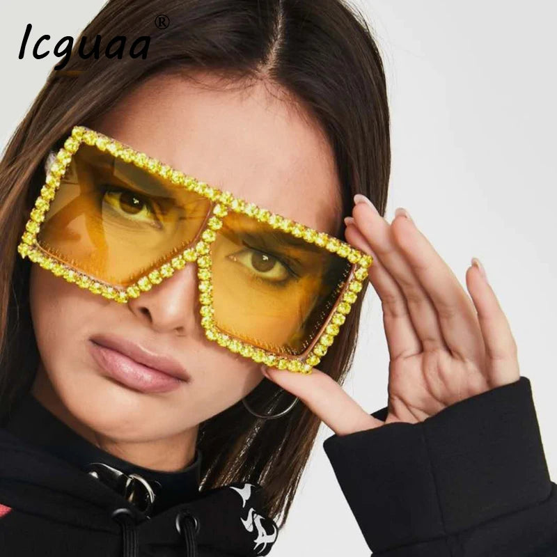 Oversized Glitter Crystal Sunglasses Women Square Sunglasses Bling Rhinestone Sun Glasses for Woman Luxury Fashion Shade UV400