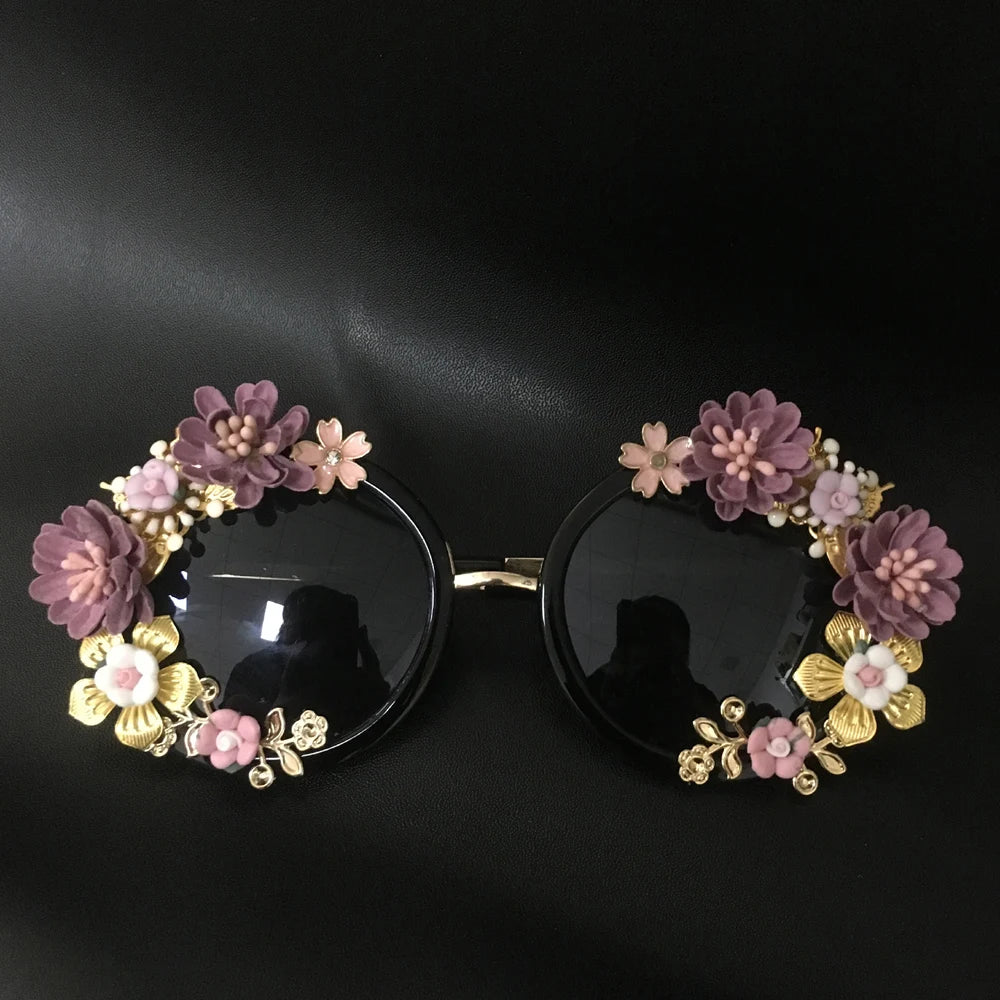 New Fashion Baroque Women Girls Metal Flower Sunglasses Retro Luxury Gems Sunglasses Summer Beach Glasses