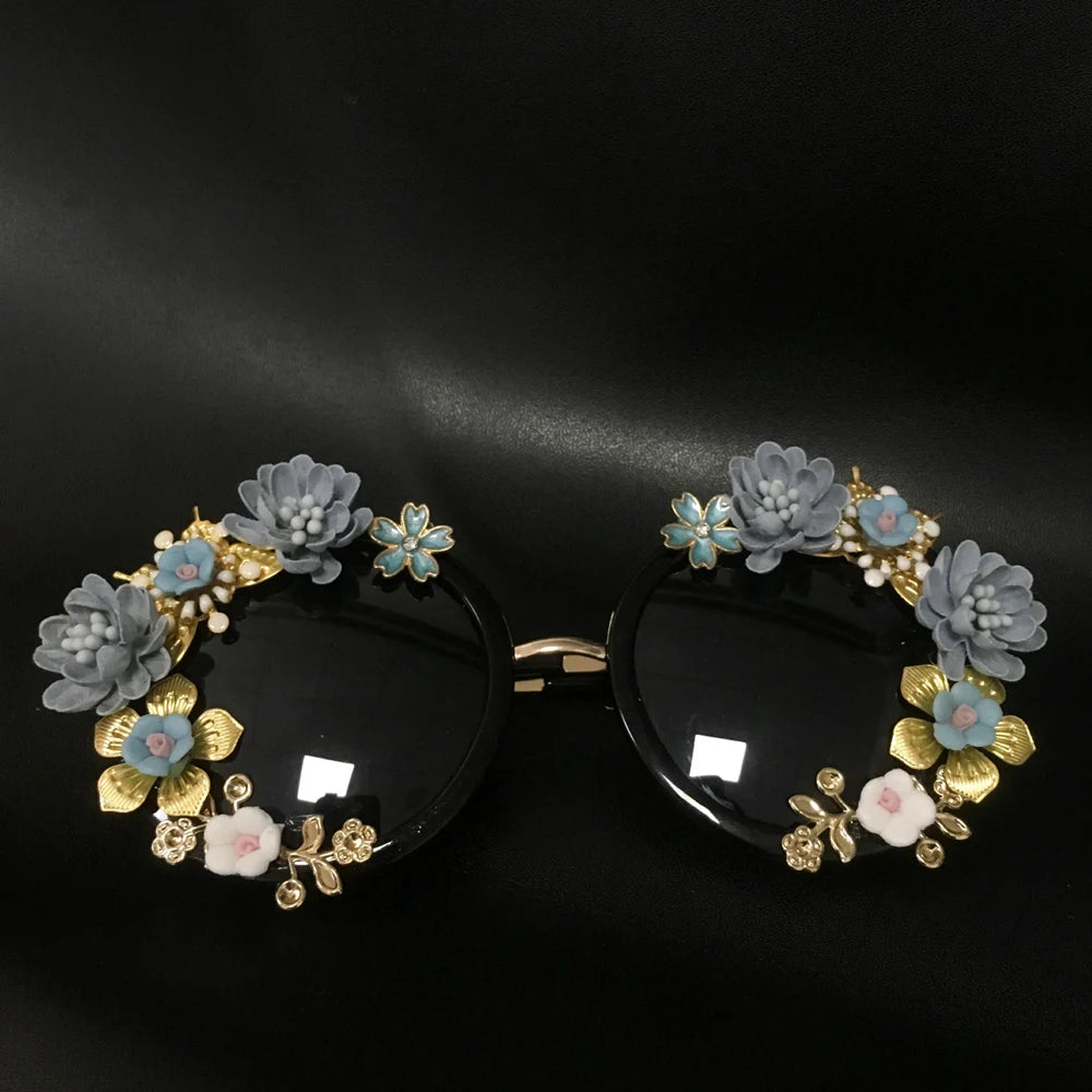 New Fashion Baroque Women Girls Metal Flower Sunglasses Retro Luxury Gems Sunglasses Summer Beach Glasses