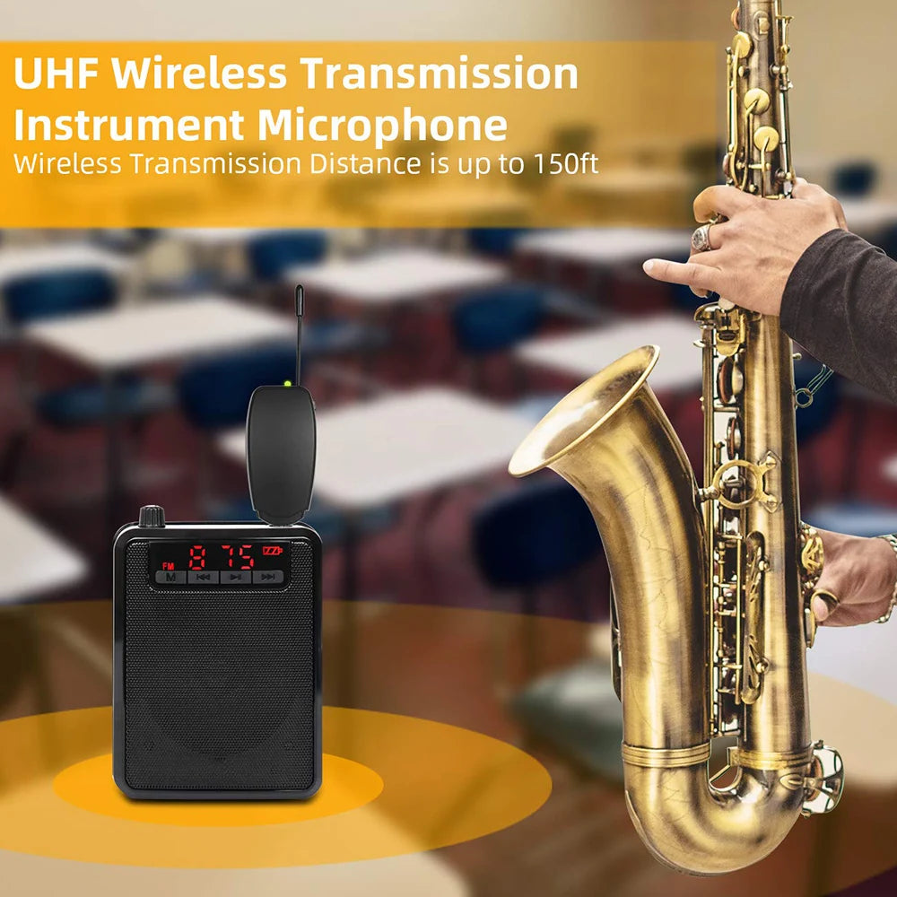 UHF Saxophone Mic Wireless Microphone System Clip on Musical Instruments for Saxophone Trumpet Sax Horn Tuba Flute Clarinet Pipe