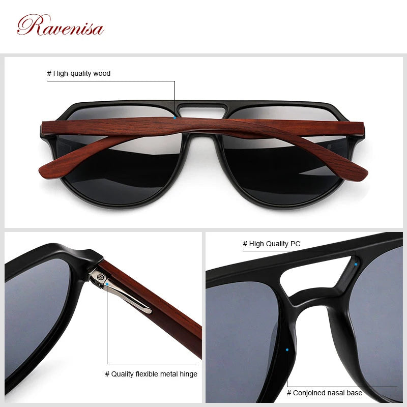 Ravenisa Wood Sunglasses Women UV400 Polarized Pilot Plastic Frame Sun Glasses Fishing Driving Sunglasses