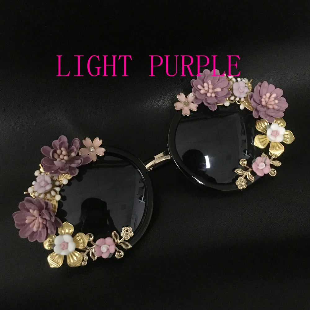 New Fashion Baroque Women Girls Metal Flower Sunglasses Retro Luxury Gems Sunglasses Summer Beach Glasses