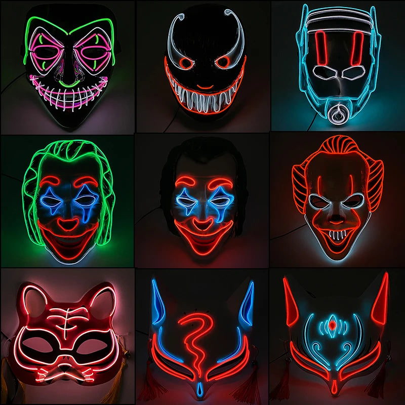 Horror Halloween Neon Mask Clown Mask Cosplay Party Costume Supplies Led Mask Masque Masquerade Party Masks Glow in the Dark