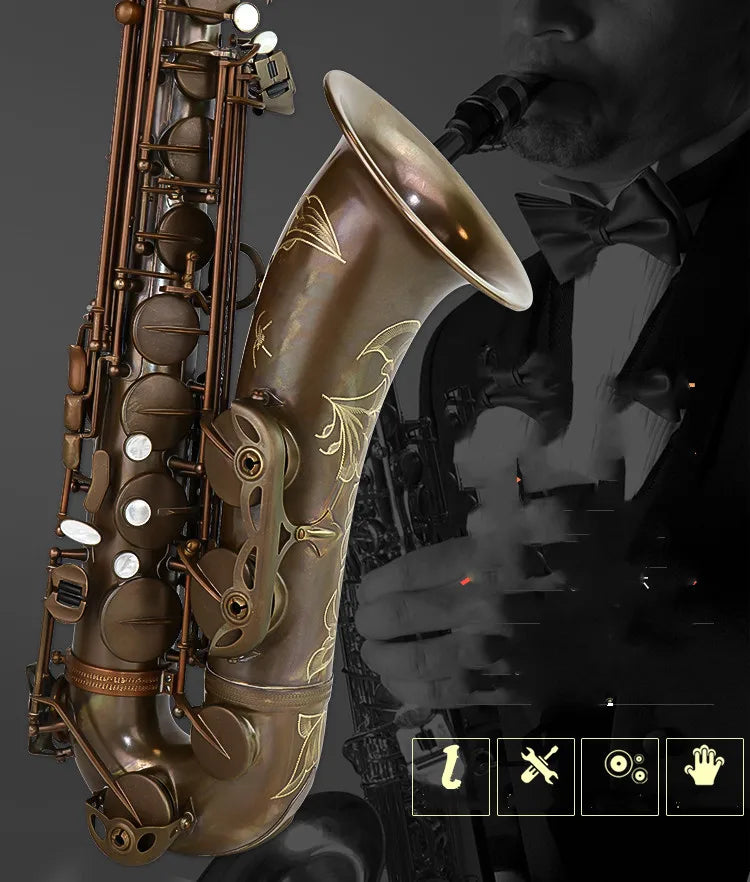 Aisiweier Brand Tenor Saxophone Professional B Flat Antique Copper Saxofone Musical Instruments Simulation Inscription Carved