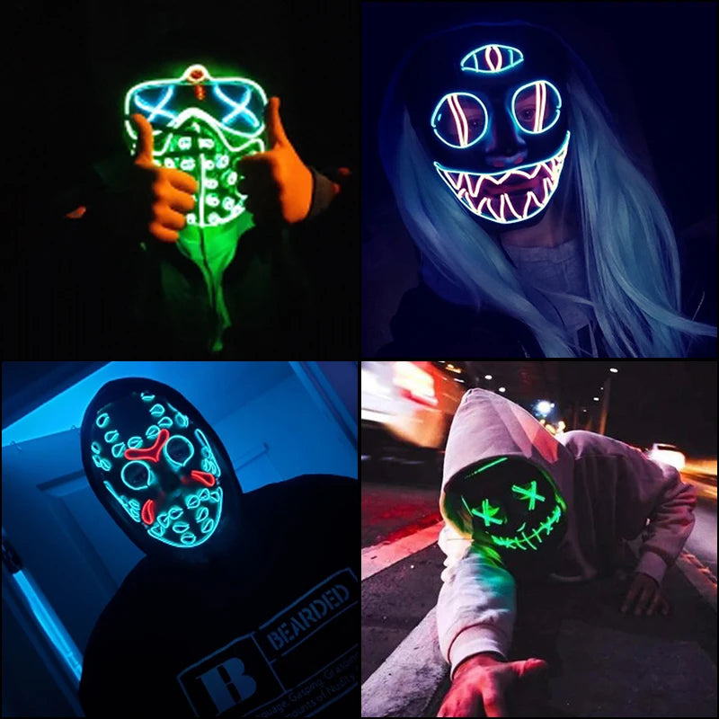 Hot Sales Carnival LED Mask Party Masque Masquerade Masks Horror Neon EL Mask LED Light Up Mask Halloween Glow Party Supplies
