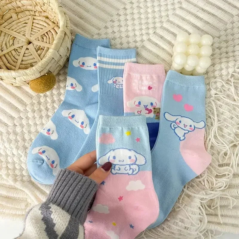5pairs Sanrio Funny Cinnamoroll Cartoon Socks Women's Blue Combed Cotton Mid-Calf Stocks Kids Cute Gilrs Puppy Stockings