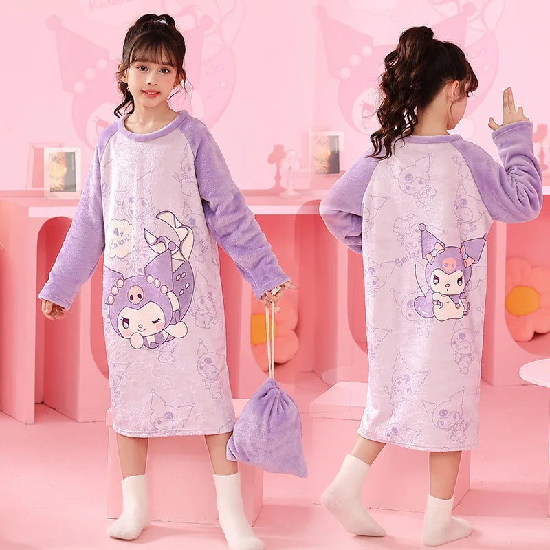 Sanrio Hello Kitty Kuromi Children's Pajamas Cinnamoroll My Melody Autumn Winter Flannel Anime Kids Robe Long Sleeved Girls Boys