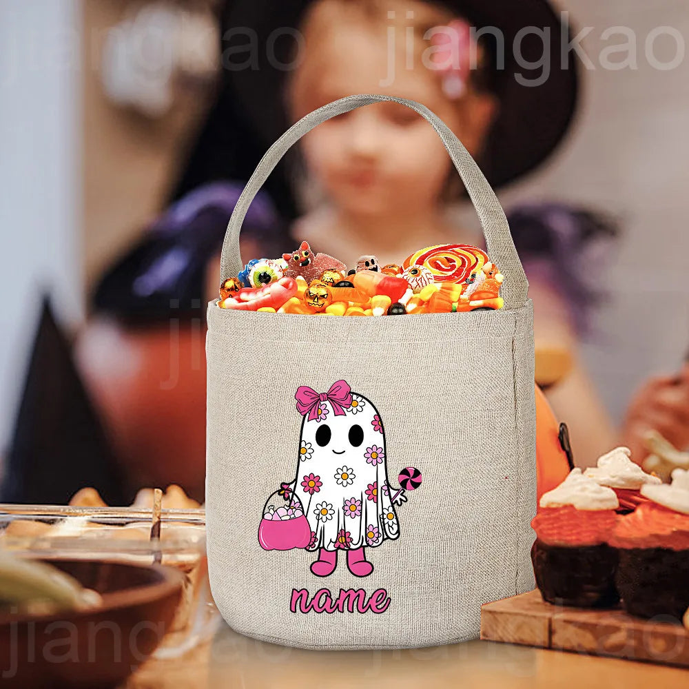 Personalized Trick or Treat Bag Custom Name Candy Bucket Bag Halloween Party Ghost Tote Bags Portable Cookie Basket Gift for Kid
