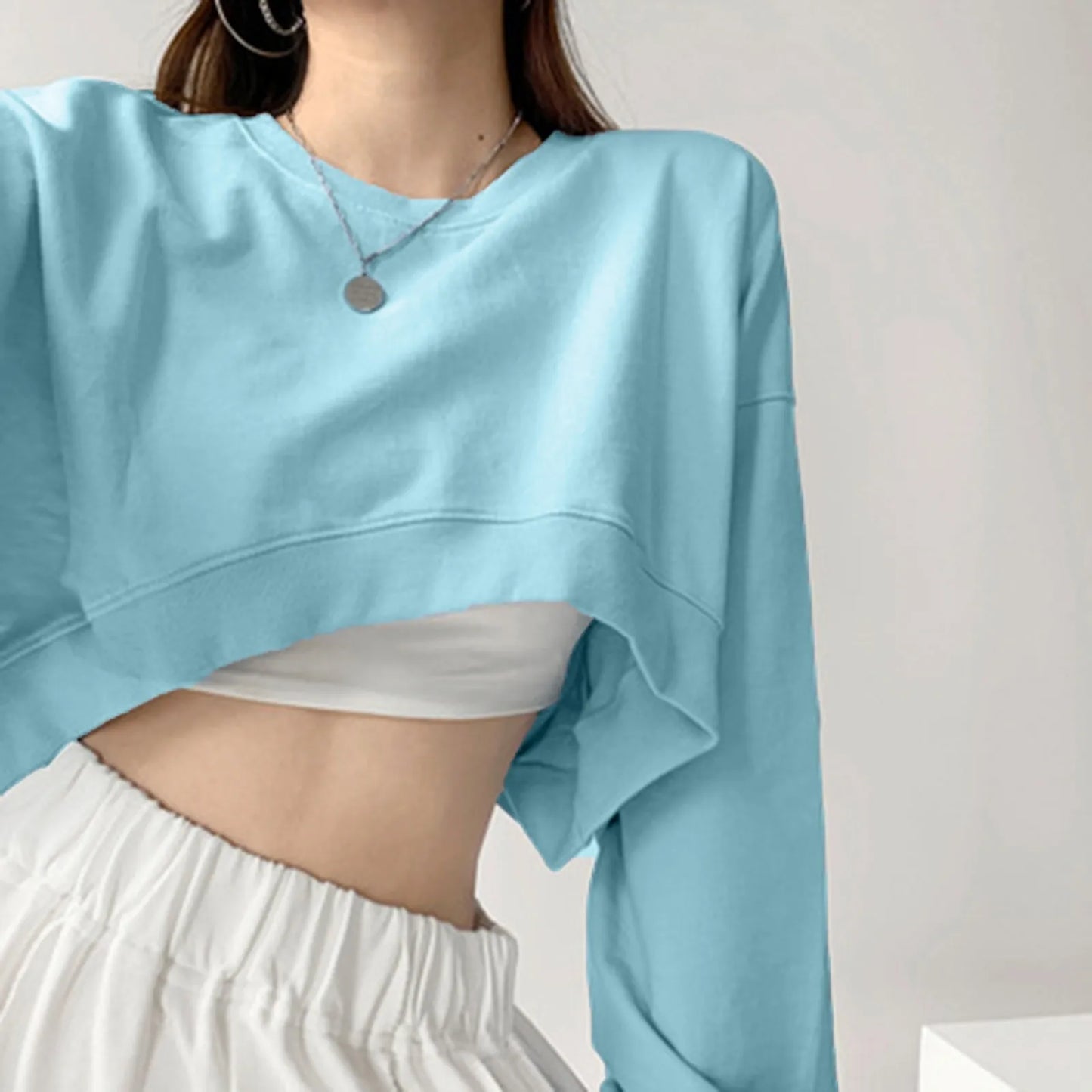 Womens Y2k Crop Top Solid Long Sleeve Top Loose Hoodie Oversized Sweatshirt Autumn Women'S Clothing Sudaderas De Mujeres Pusheen