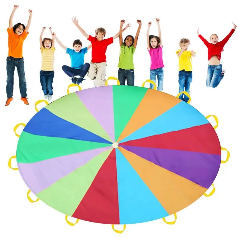 2/6m Diameter Kids Outdoor Teamwork Game Prop Rainbow Parachute Toys Jump Bag Bounce Play Mat School Activity Puzzle Game