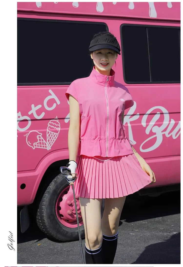 New Golf Women Outfits 2025 Zipper Stand Collar Tops Summer Thin Sports Loose Shirts Pleated Skort Designer's Golf Clothes