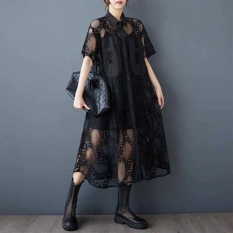 #2615 Summer Black White Hollow Out Vintage Long Shirt Dress Women Loose Split Joint Streetwear A-Line Midi Dress Ladies Sexy