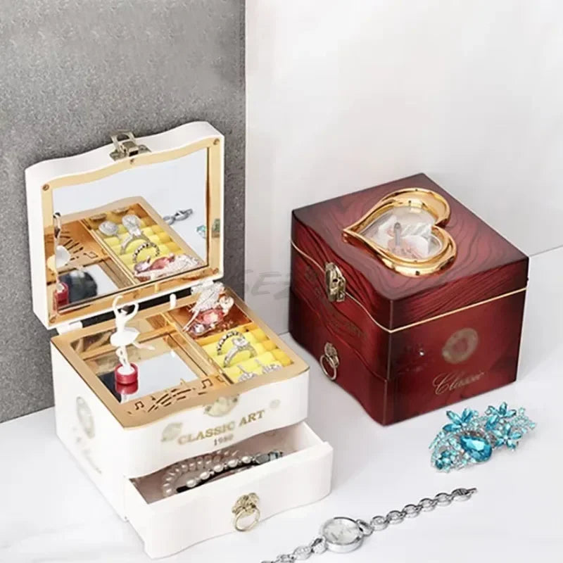 Classic Rotating Music Box Creative Dancing Girl Clockwork Jewelry Storage Box With Mirror Ornaments Birthday Christmas Gifts