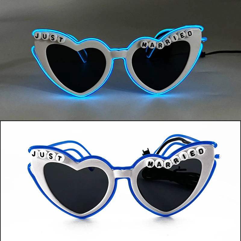 White Just Married LED Luminous Glasses Heart Shaped EL Neon Decorative Glasses Engagement Wedding Bridal Shower Props
