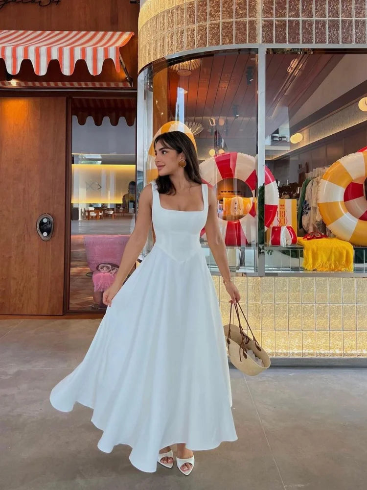 Elegant White High Waist Women's Dress Fashion Square Neck Sleeveless A-Line Dresses 2025 New Vocation Beach Party Streetwear