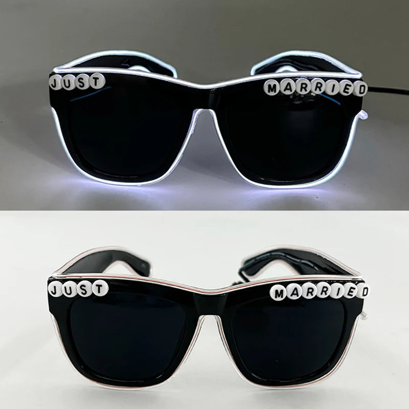 White Just Married LED Luminous Glasses Heart Shaped EL Neon Decorative Glasses Engagement Wedding Bridal Shower Props