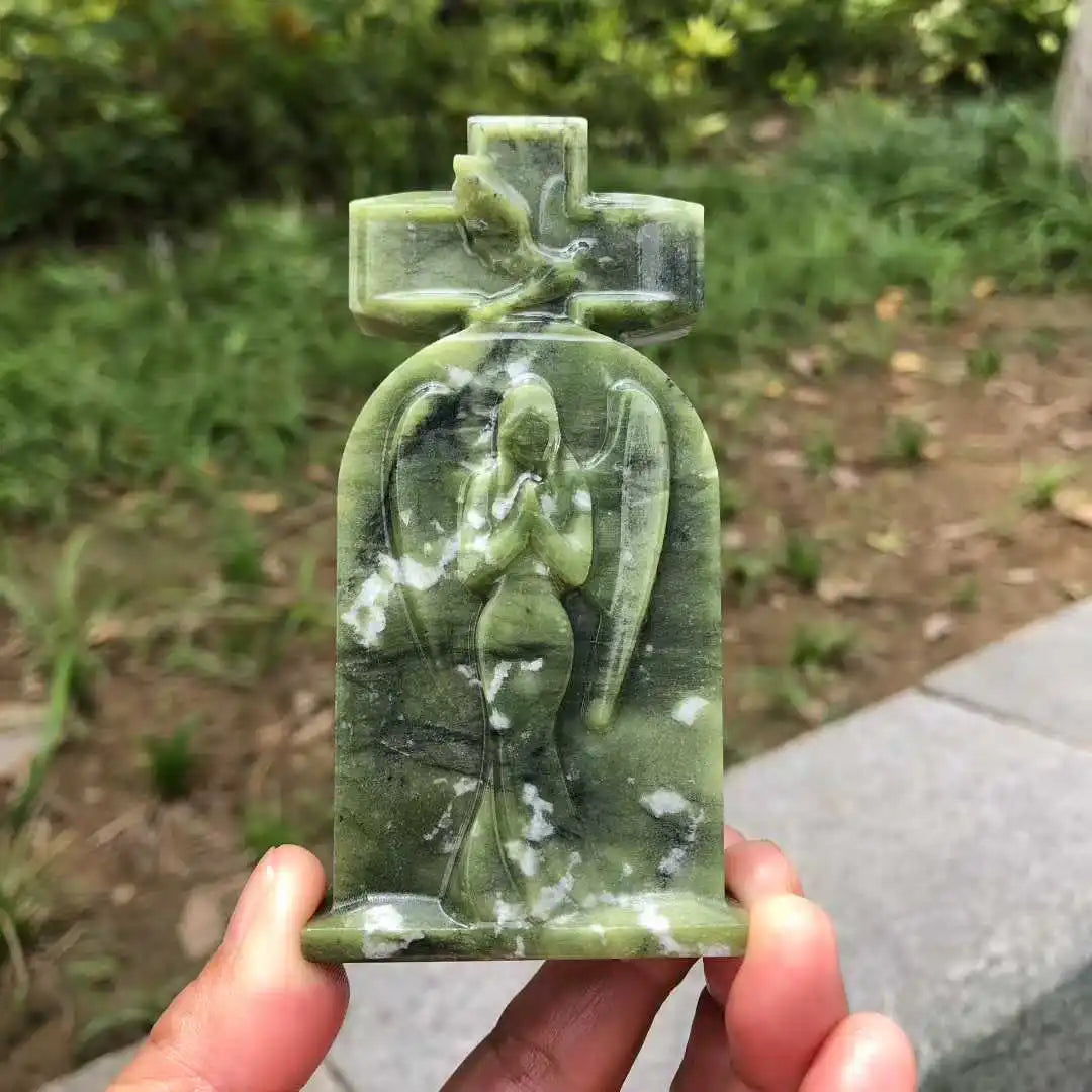 10CM Natural Green Ophiolite Quartz Crystal Carved Tombstone Angel Skull Gravestone Halloween Series Decoration Items Witchcraft