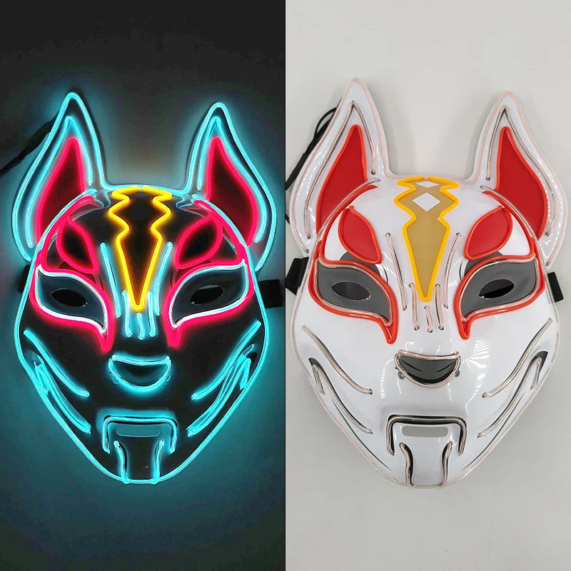 Glowing Demon Slayer Mask Cosplay Japanese Cartoon Neon Light Samurai Mascara Luminous Led Fox Mask for Halloween Christmas