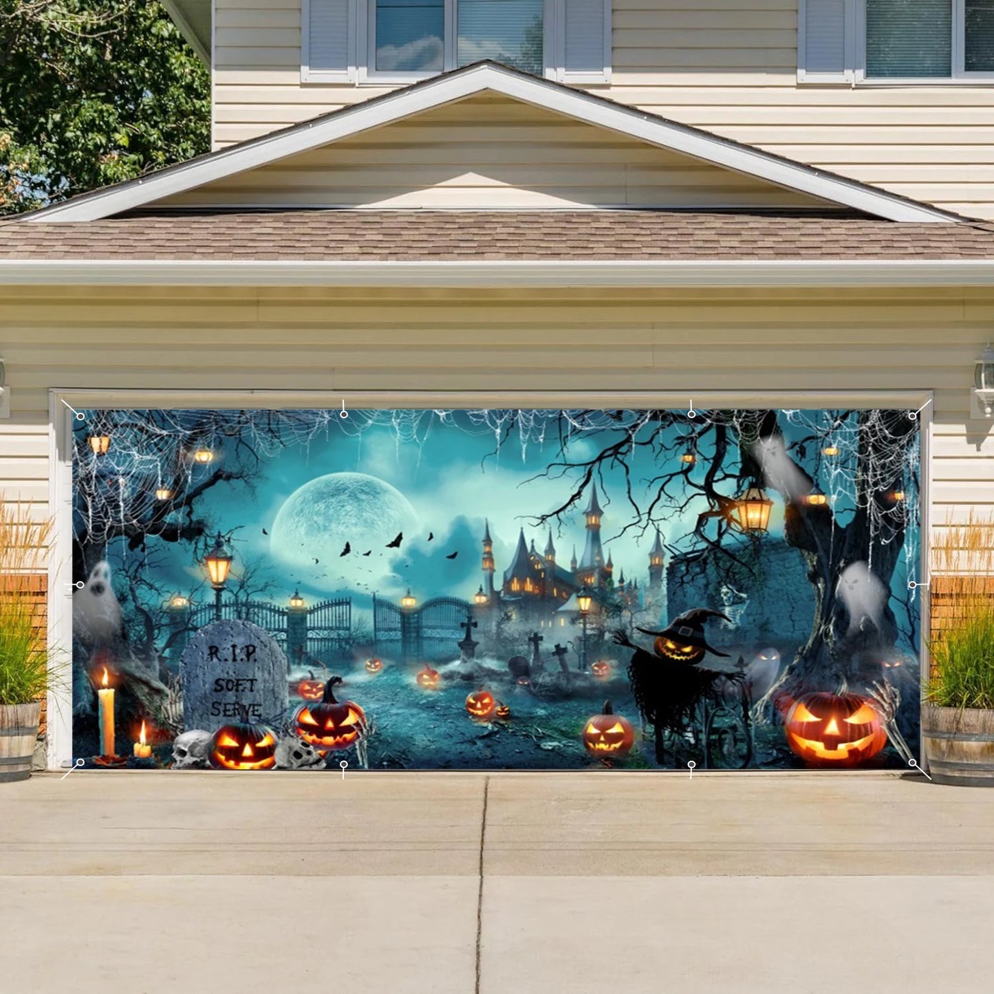 Halloween Garage Door Photography Background Spooky Graveyard Gate Witches Dark Banner Hanging Outdoor Halloween Photo Backdrop