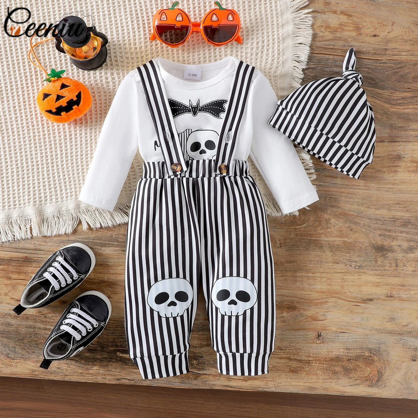 Ceeniu My First Halloween Baby Outfit for Boys Long Sleeve Letter Romper Suspender Pants+Hat Newborns Baby Halloween Costumes