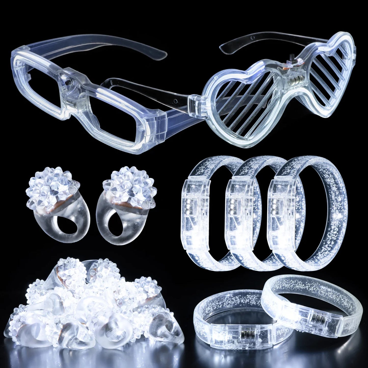 White Wedding Mix Sets LED Light Up Glasses Glow Bracelets and Flashing Bumpy Rings Wedding Party Favors Supplies