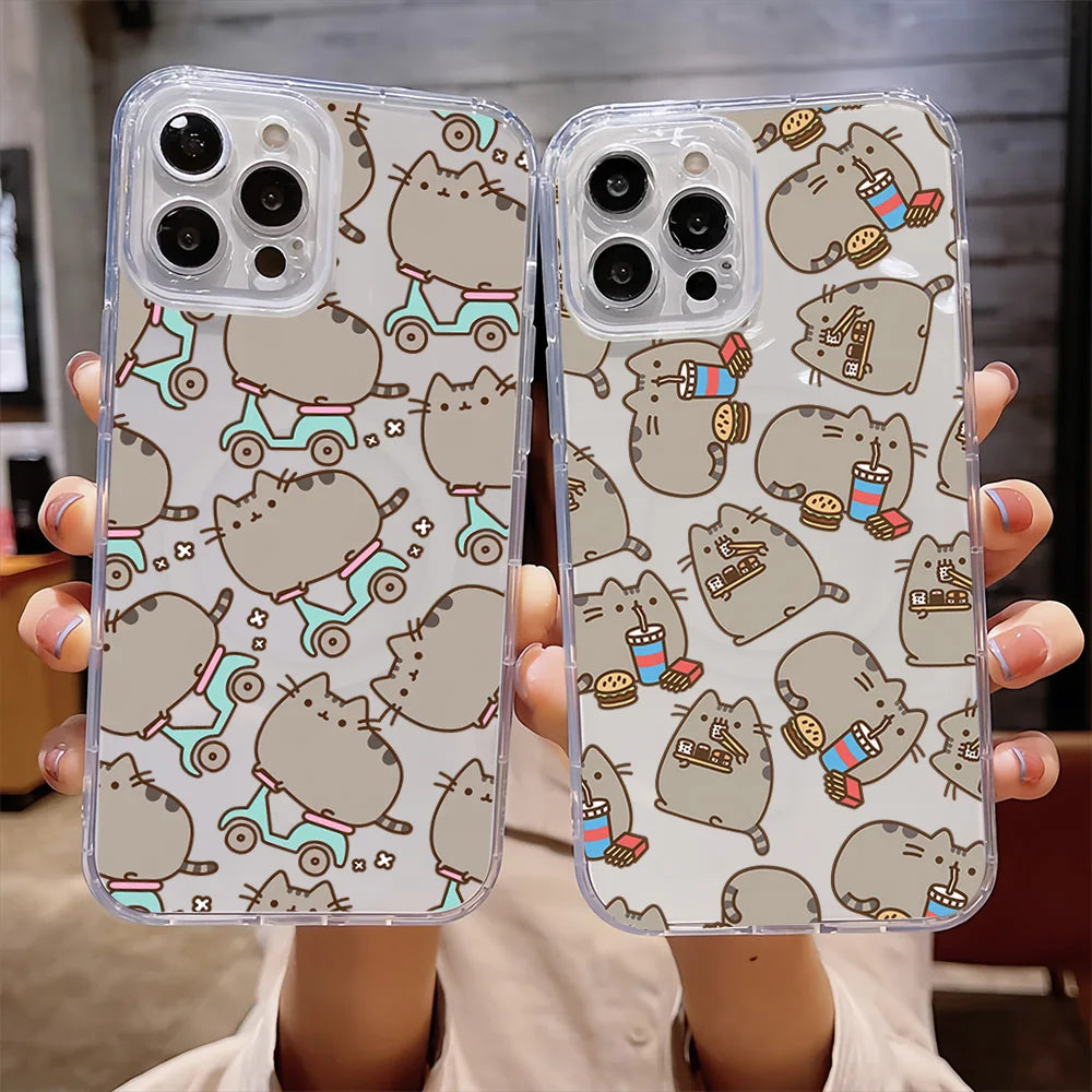 Cartoon Cat Lovely for IPhone 16 15 14 13 12 11 Pro Max Plus Transparent Magnetic Suction P-Pusheens-S Phone Case