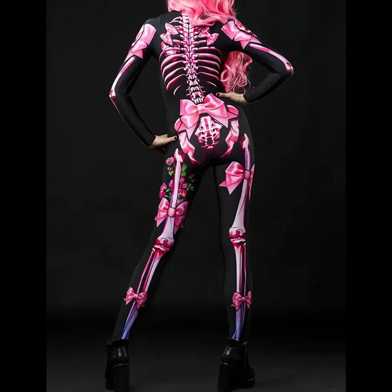 Girls Halloween Haunted House Themed Party Long Sleeve Allover Ladies Cartoon Skeleton With Heart & Skulls Graphic Print Stand