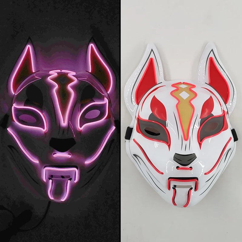 Glowing Demon Slayer Mask Cosplay Japanese Cartoon Neon Light Samurai Mascara Luminous Led Fox Mask for Halloween Christmas