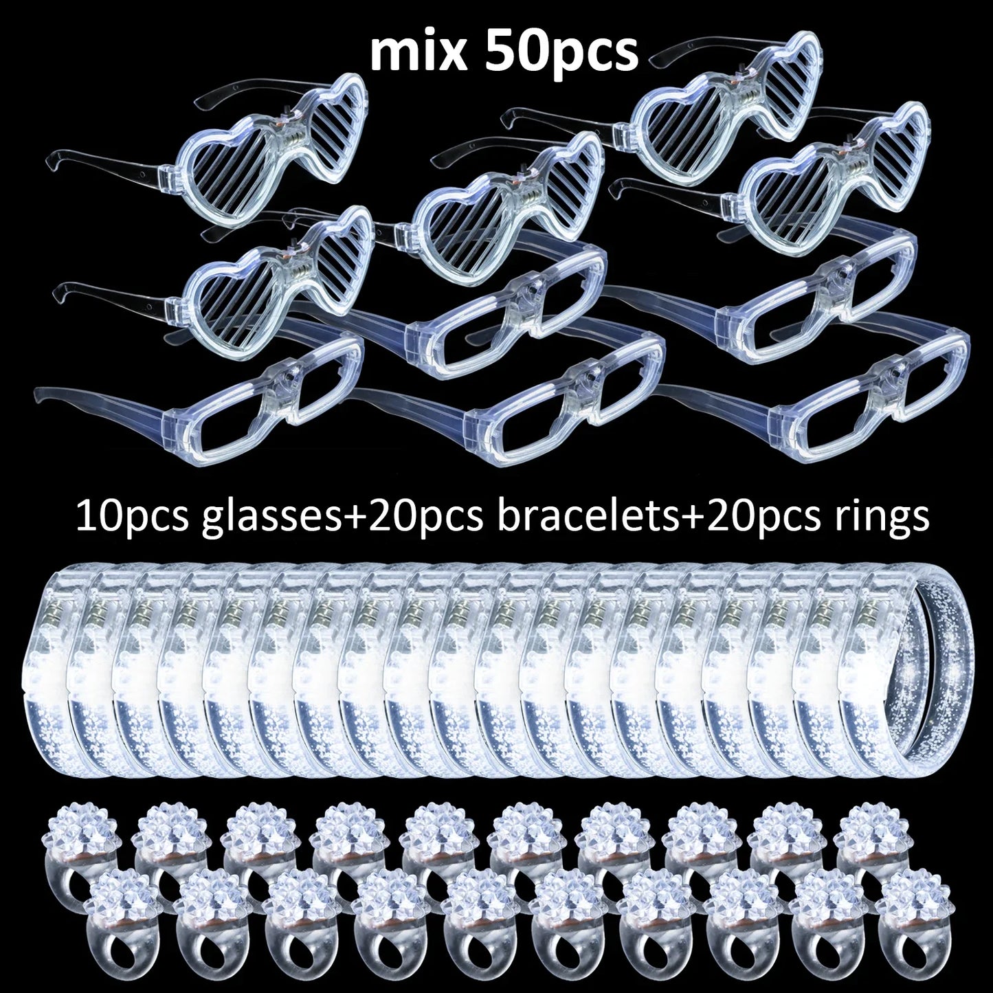 White Wedding Mix Sets LED Light Up Glasses Glow Bracelets and Flashing Bumpy Rings Wedding Party Favors Supplies
