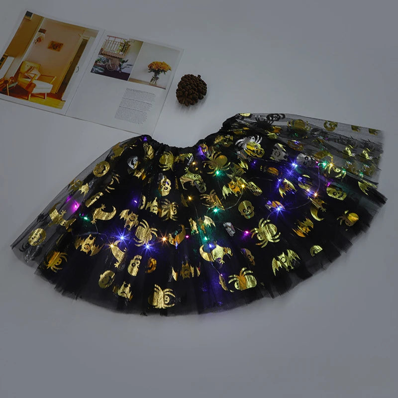 Women Girl Child Adult Spider Bat LED Light Up Tutu Skirts Glow Party Fairy Costume Miniskirt Halloween Party Dress Supplies
