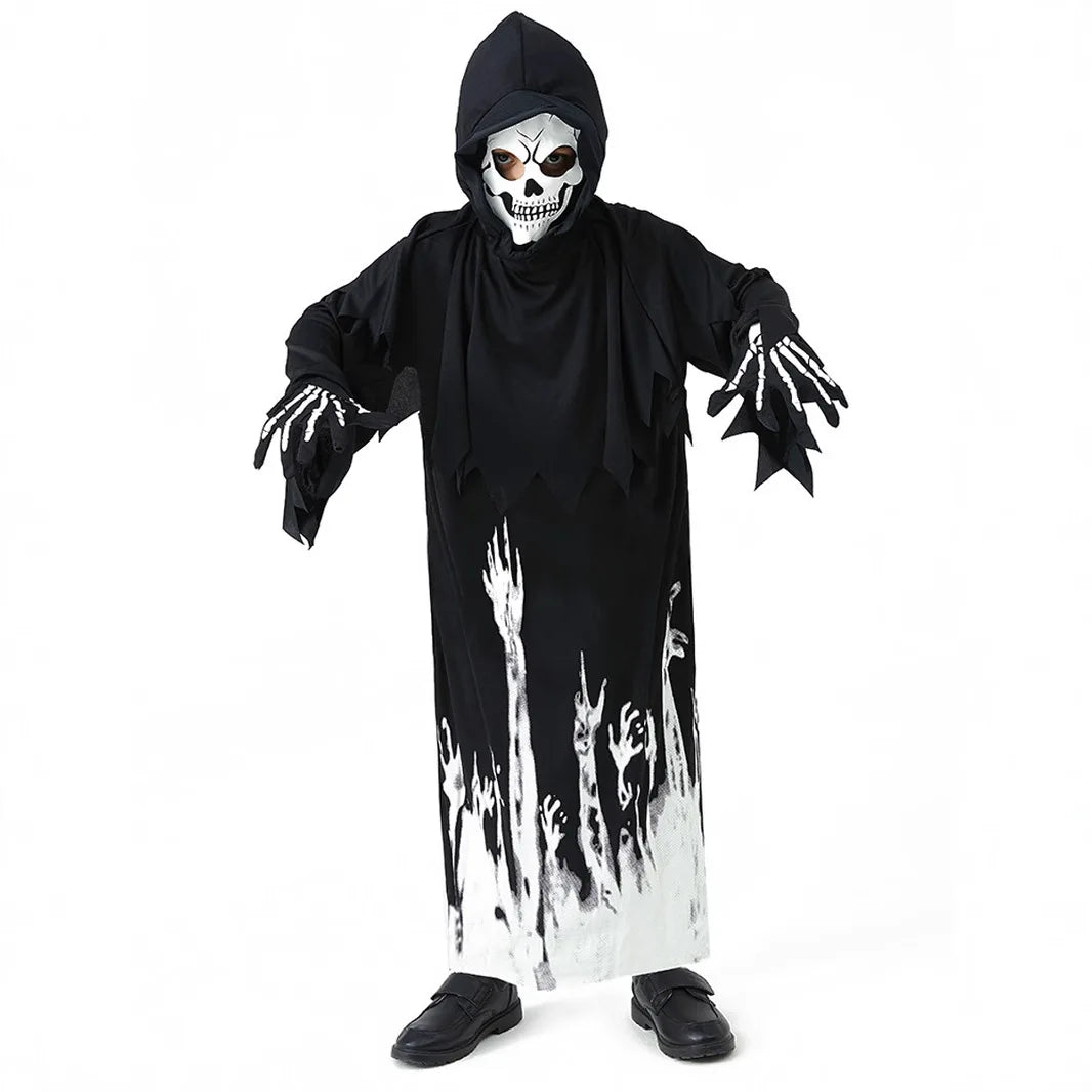 Halloween Grim Reaper Cosplay Costume Bodysuit Kids Ghost Demon Skeleton Spooky Glow-In-The-Dark Hooded Jumpsuit Mask Gloves Set