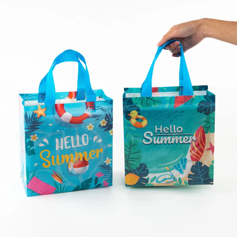 Summer Vacation, Holiday Portable Non Woven Portable Shopping Gift Bags, Beach, Kids, Games, Surfing, Toys, Snacks Theme, 12pcs