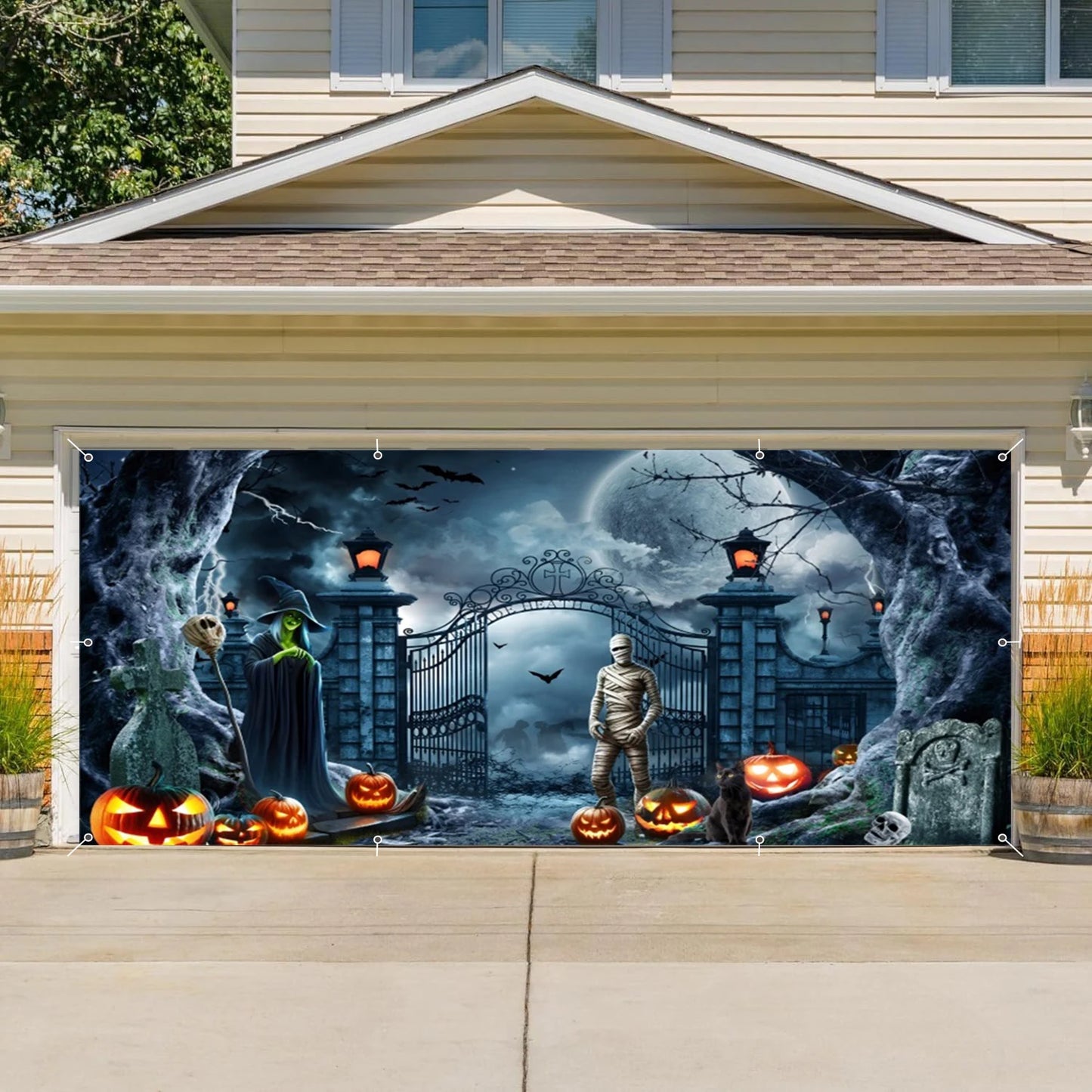 Halloween Garage Door Photography Background Spooky Graveyard Gate Witches Dark Banner Hanging Outdoor Halloween Photo Backdrop