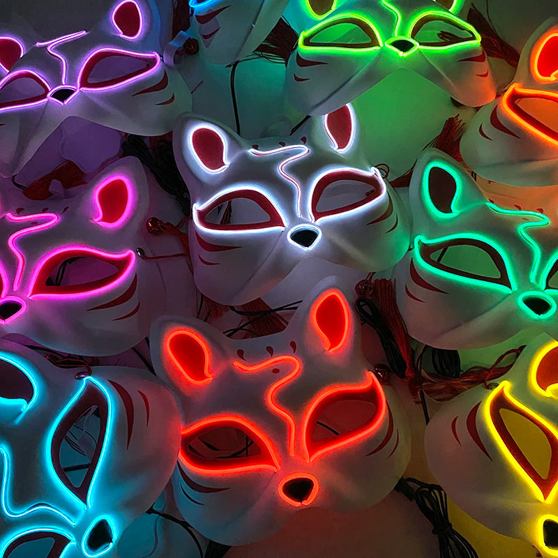 Halloween Luminous Japanese Neon Light Fox Mask LED Light Up Cosplay Mask Flashing in Dark Masquerade Dance Party Mask Costume